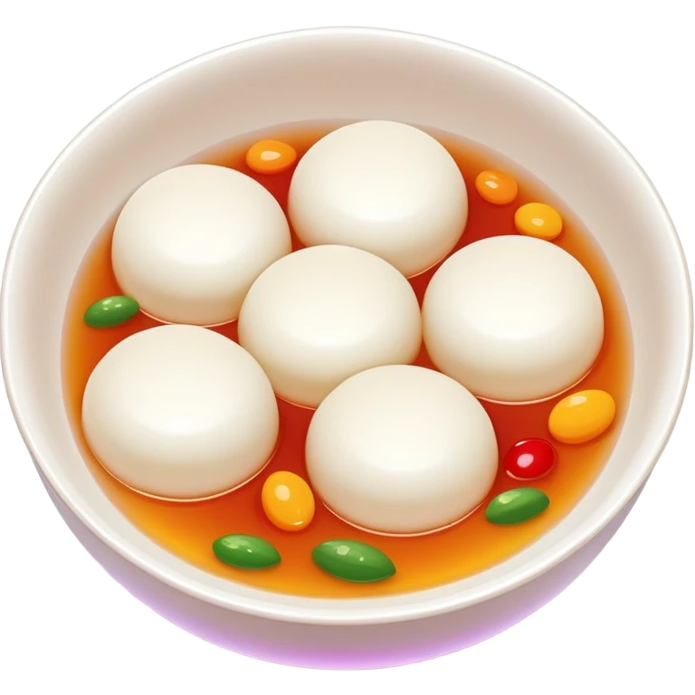 Sweet rice balls Tangyuan in syrup with colorful fillings, simplified emoji style with bold outlines and bright colors, cartoon style traditional Chinese dessert emoji