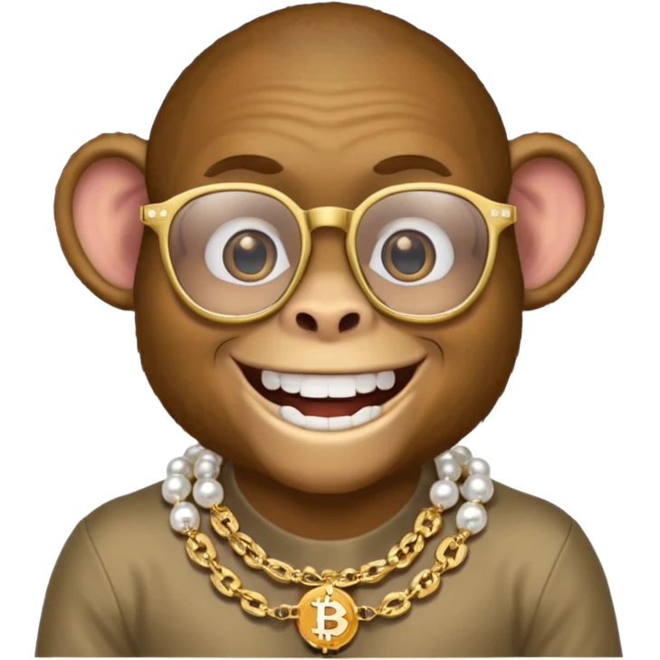 rich monkey with glasses smiling with diamond grillz and a bitcoin golden chain with diamond pearls emoji