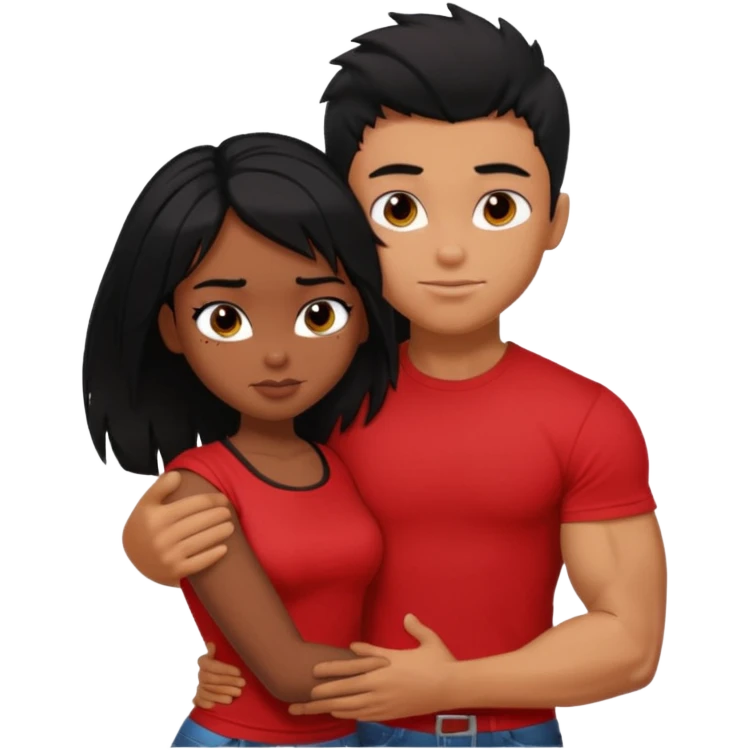 generate a pretty tan bratz boy hugging a fair black haired gf. The guy has black messy hair, lean but muscled and wearing a red tshirt emoji
