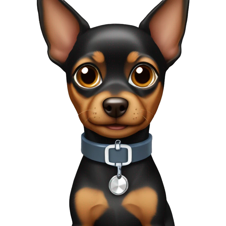 black and brown toy terrier in a medical collar emoji