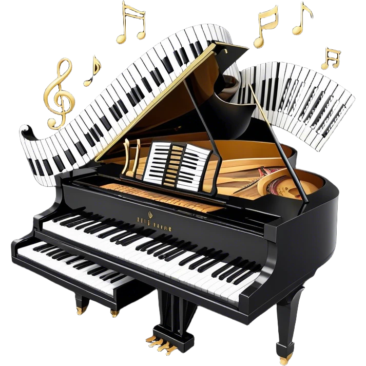 Create a sophisticated and celebratory emoji collage representing keyboard instruments, designed in the style of a coat of arms or crest. The design should feature surrounded by a ribbon of musical notes. The ribbon should intertwine with a second ribbon made of black-and-white piano keys, creating a flowing, symmetrical pattern.  The musical notes should be swirling around the design in a harmonious, festive arrangement. Use gold, silver, and rich wood tones to evoke a sense of luxury and professionalism, with the black-and-white keys of the piano adding contrast. The background should remain transparent emoji