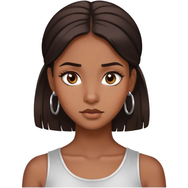 Could you make me a brown skin girl with dark brown medium length hair and dark brown eyes with silver hoop earrings with a normal face expression  emoji