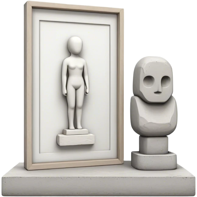 Plaster sculpture and concrete sculpture, small and large, standing side by side, simple and textured, sculpting tools nearby, minimalistic, on a white background, no extra details. emoji