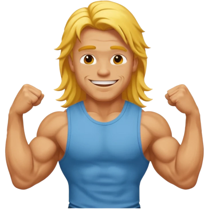 muscled happy guy flexing, long yellow hair emoji