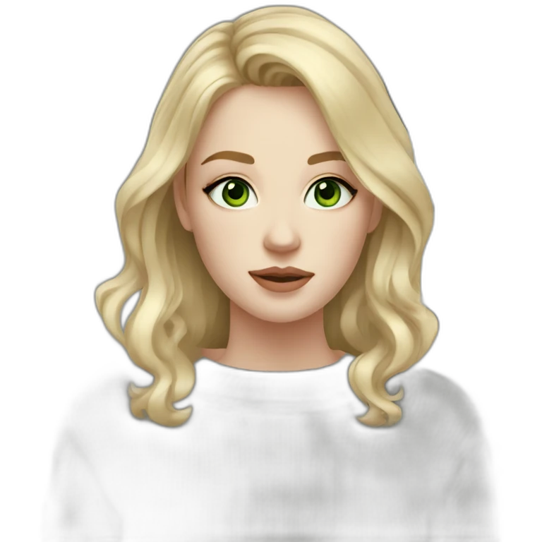medium blonde girl with eyeliner, green eyes, pale skin and a grey sweater emoji