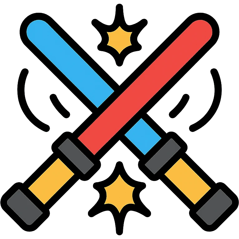 two lightsabers, one blue and one red, clashing with motion lines and sparks emoji