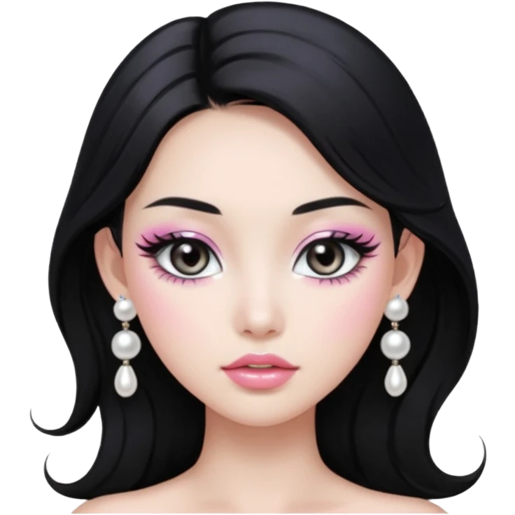 asian long voluminous black hair silver grey eyes glossy lips glittery white and light pink eyeshadow girl pearl earrings emoji