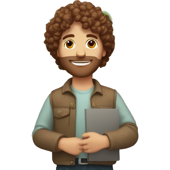 White man with brown, curly hair holding flowers in his right hand and a sign reading i love you in his left hand emoji