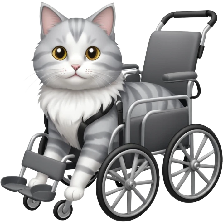 grey and white cat in a pet wheelchair emoji
