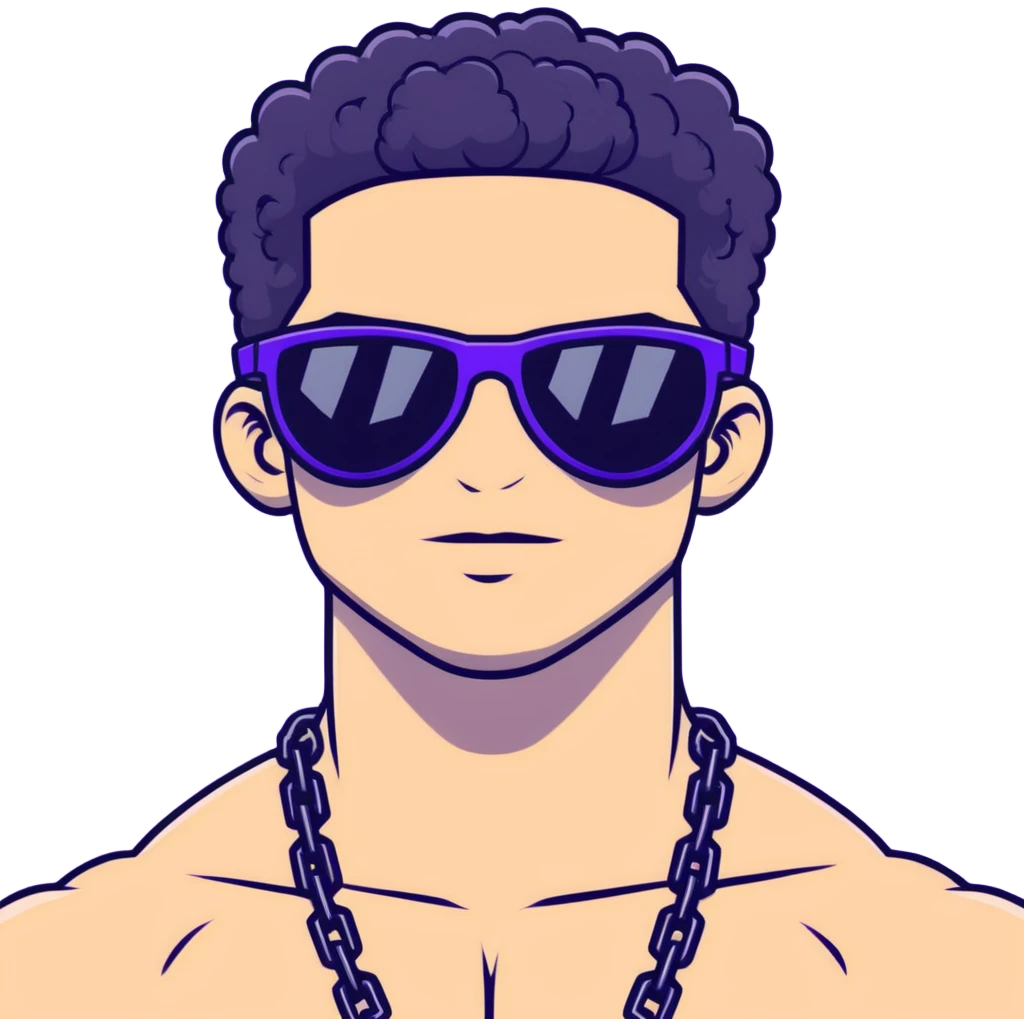shirtless male athlete with white skin and moderately curly black hair on top with shaved sides, wearing purple sunglasses with very dark heavily tinted black lenses, and a simple plain black chain necklace with absolutely no pendant or decoration emoji