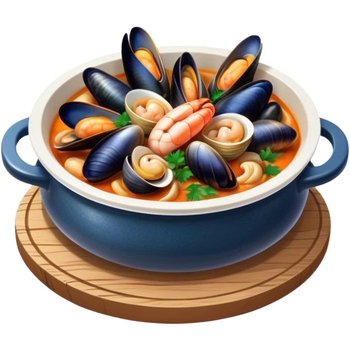 Cinematic Realistic Buzara Seafood Dish Emoji, depicted as a rustic, flavorful seafood stew with shellfish rendered with rich textures and dynamic, maritime lighting. emoji