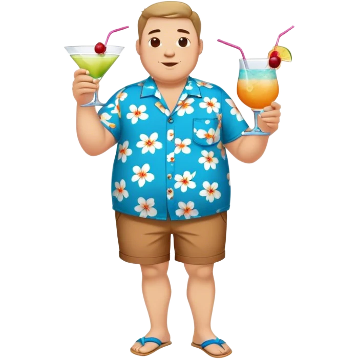 chubby guy full figure in a flowered azure havai shirt, brown shorts and flippers holding a cocktail emoji