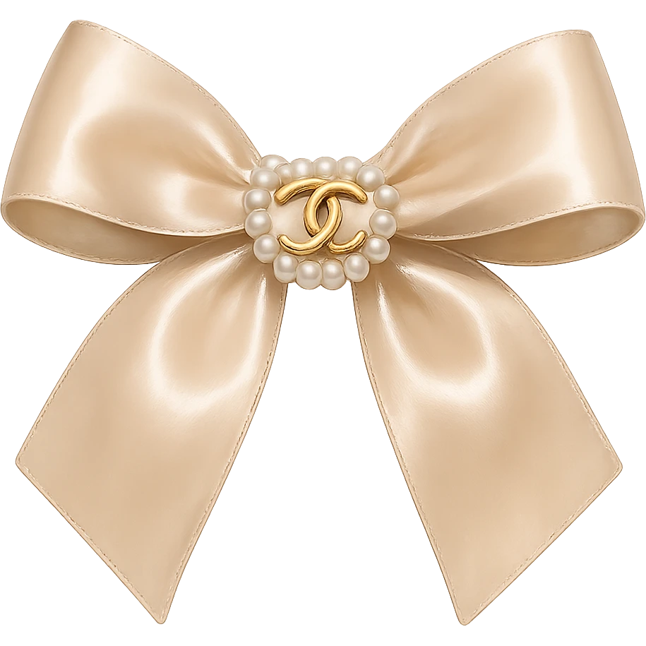 Remove the background, keep only the elegant bow with pearls and gold Chanel logo, glossy, pastel colors, realistic style, with no background. beige emoji