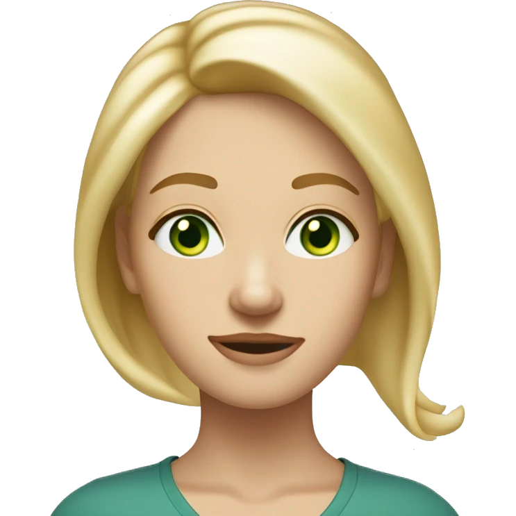 A tall slim mid length blonde haired woman with a central parting with bluey green eyes, a freckle on the right cheek and quite a round face emoji