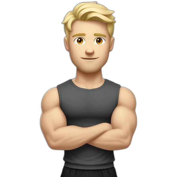 Full height Pale skinned fit man With the biceps and blonde hair In dark gray sleeveless mike, black oversize sports shorts, watch and white sneakers. his arms crossed over his chest emoji