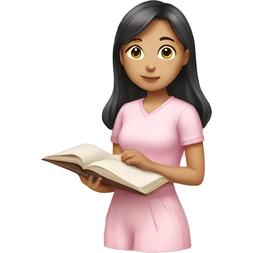 Asian girl in a light pink outfit studying  emoji