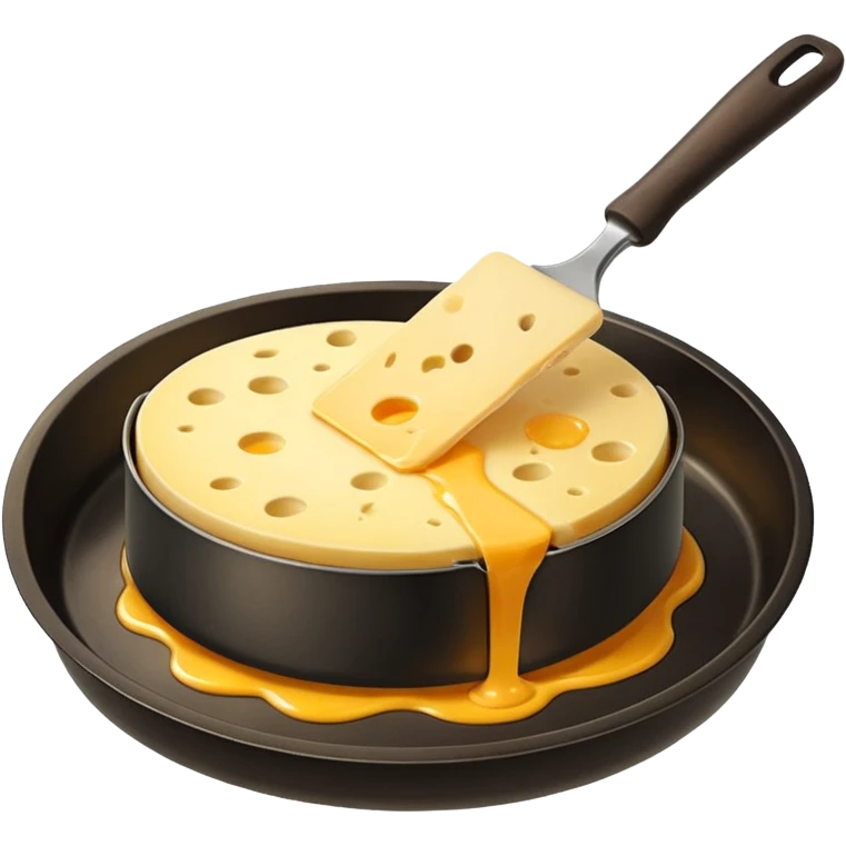 Emoji of raclette cheese being scraped with a metal spatula, melted cheese flowing, warm golden colors, modern emoji style, clean outlines, transparent background emoji
