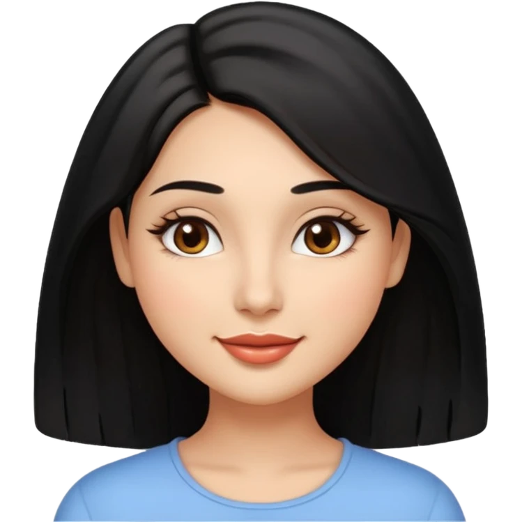 Feminine woman Softly rounded, healthy face — slightly curvy and feminine, not overweight.
Warm tan skin, brown eyes with long lashes, full glossy lips, gentle smile.
Shoulder-length black hair framing the face.
Clean, polished emoji look, soft shading, neutral background. emoji