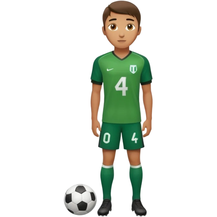 Apple iOS style 20-23 year old soccer player standing full body, green jersey #4, glossy finish emoji