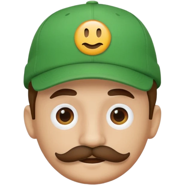 round emoji face with brown mustache and green cap with white circle emblem, 3D emoji style, 1:1
 emoji