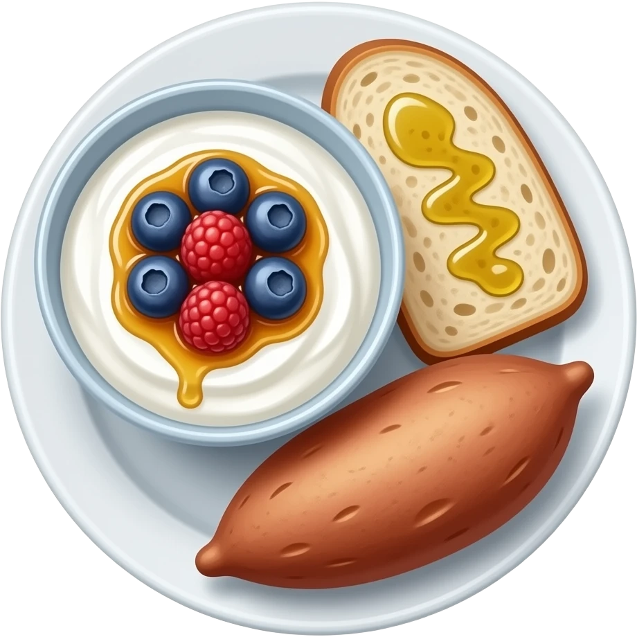 Realistic Plate with greek yogurt bowl topped with blueberries raspberries and maple syrup and sourdough slice topped with olive oil and a sweet potato on the side HD emoji