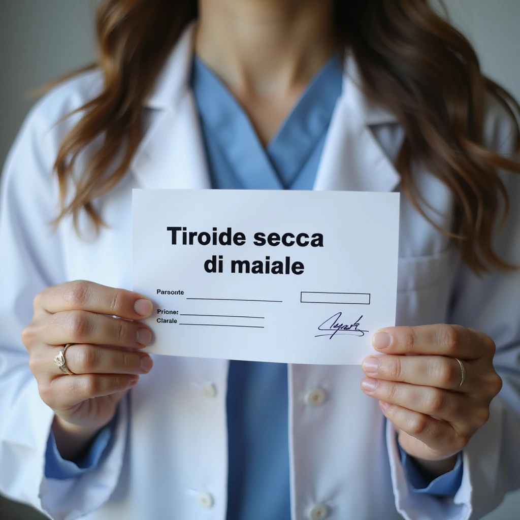 hyperrealistic 4K close-up of a woman's hands holding a medical prescription with the text 'Tiroide secca di maiale', visible doctor's stamp and signature, neutral background emoji