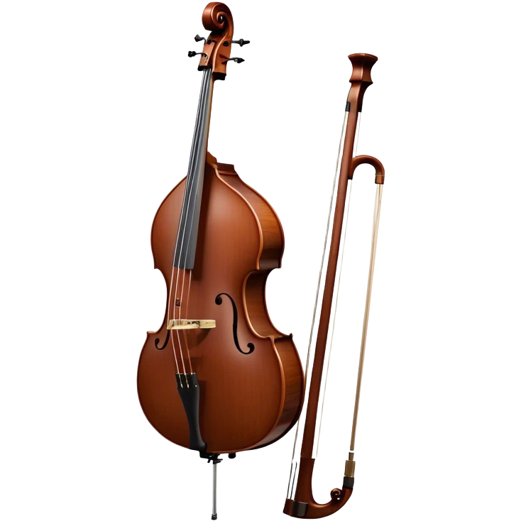 Create an elegant and detailed emoji representing a Gliga Gama double bass with bow. The design should showcase the large, sleek body of the double bass with its rich wood finish, including the characteristic curves and deep tone holes. The bow should be elegantly positioned next to the instrument, highlighting the hair and smooth wooden stick. Use warm wood tones like chestnut brown for the body of the bass, silver accents for the fittings, and dark brown for the bow. Add subtle musical notes or sound waves flowing from the bass to represent its deep, resonant sound. The background should be transparent. emoji