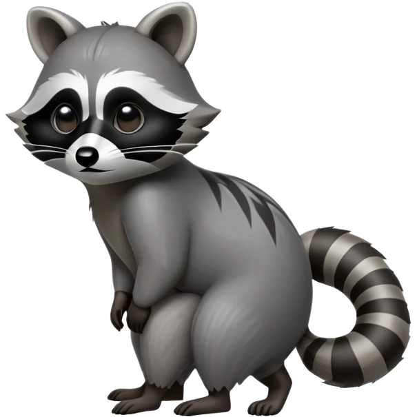 Cinematic-Raccoon-Realistic-hunched Full-Body-Standing on all fours-Emoji – Tail flicking lazily, head tilted dramatically, thick grey fur with a signature black mask, sharp and alert ears, simplified yet realistic focused features, highly detailed, glowing with an almost sarcastic glow. emoji