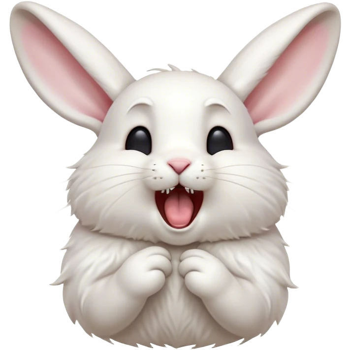 Cinematic Cute Yawning White Rabbit Portrait Emoji, Head tilted slightly with a dramatic, wide-open yawn, showcasing a smooth, silky white fur with floppy ears, round dark eyes barely open in drowsy contentment, Simplified yet irresistibly adorable features, highly detailed, glowing with a soft, cozy glow, high shine, relaxed yet expressive, stylized with a touch of whimsy, bright and endearing, soft glowing outline, capturing the essence of a sleepy yet affectionate bunny, so drowsy it feels like it could stretch out of the screen and curl up for a nap! emoji