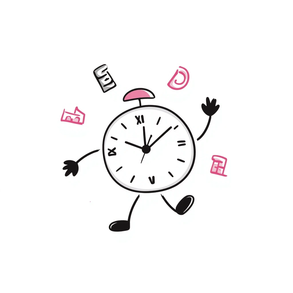 hand-drawn doodle of a clock with numbers flying, pink accents, playful emoji
