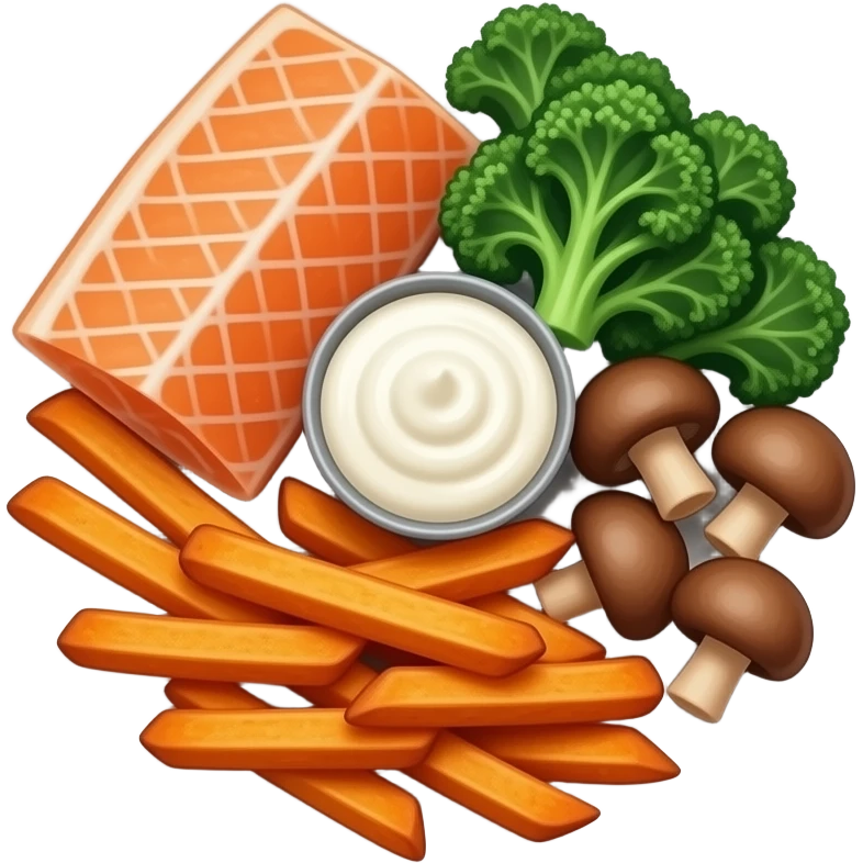 Realistic plate of sweet potato fries, kale, trout, mushrooms and sour cream emoji