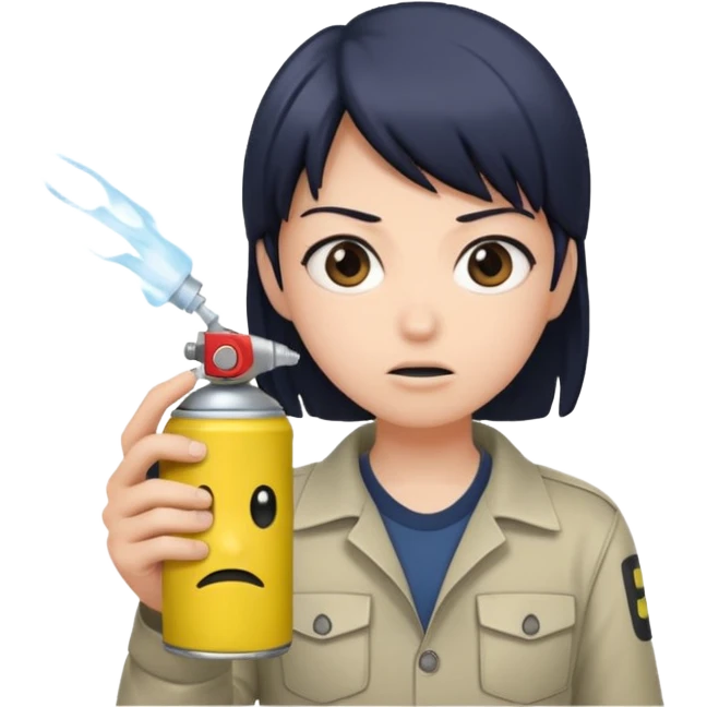Anime character using a can of raid bug spray looking disgusted emoji