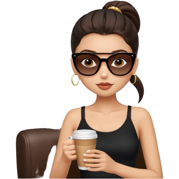 generate a pretty fair bratz girl with dark brown eyes, dark brown eyes tied into a slick back ponytail, thin brown sunglasses. Wearing a black cami top and drinking coffee, high cheekbones emoji