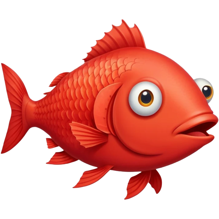 extremely derpy red fish with bulging eye and goofy buck teeth, perfect flat side profile facing right, exactly 90 degrees, completely 2D like a paper cutout, only one eye visible, absolute side view emoji