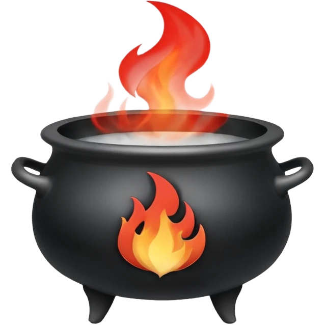 A black cauldron with lot of smoke rising, and the white YouTube play button logo floating above the smoke, red fire on the bottom emoji