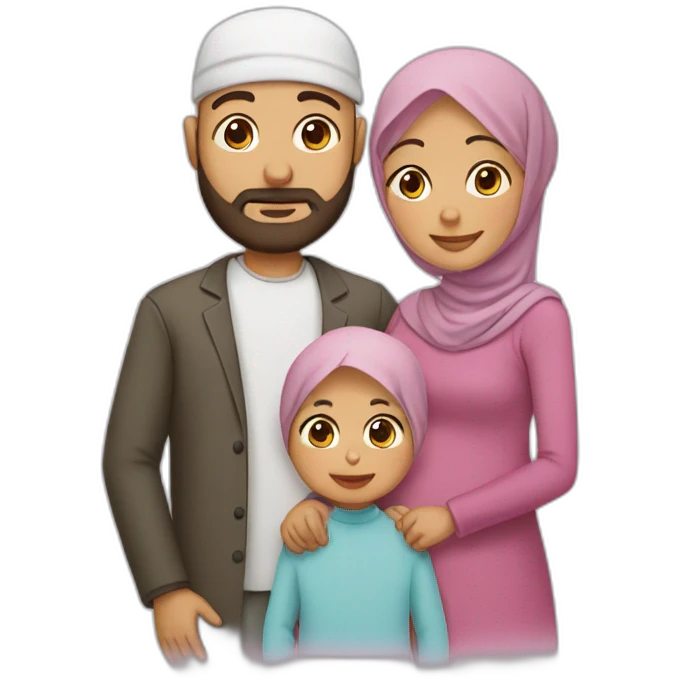 Muslim family with bearded and bald father , mother wearing hijab, two boys and a new born daughter emoji