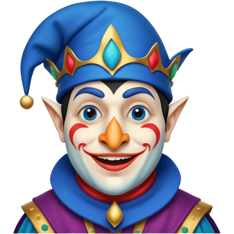 crazy funny colorful real penguin jolly joker, medieval, vintage, court jester, mac os icon, blue color emoji