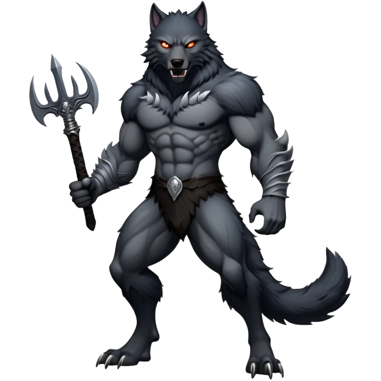 cinematic-noble-fierce-werewolf-full body-emoji, poised-and-imposing, with a tall, slender yet muscular frame inspired by the brutal, imposing shape of the beast from Berserk, fur rippling in shades of midnight black and silver, eyes glowing with an intense, primal ferocity, reflecting the untamed power of the wild moonlit night; rendered with realism emoji