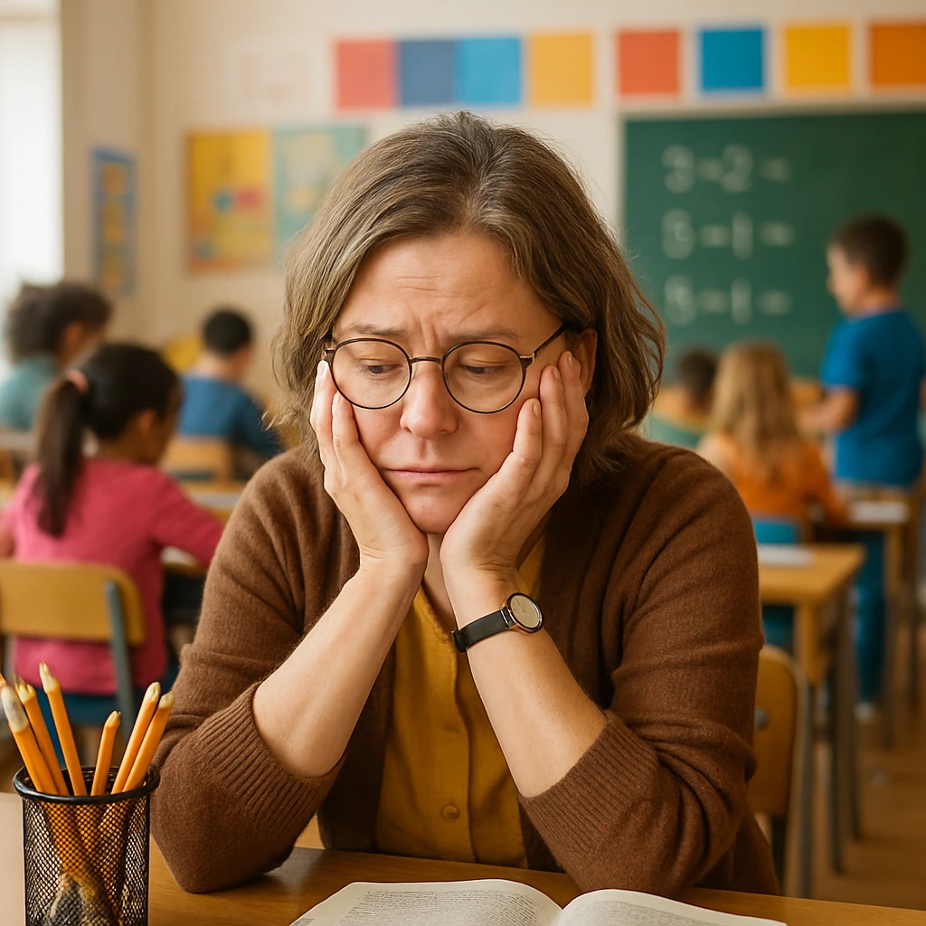 exhausted teacher in a bustling classroom emoji