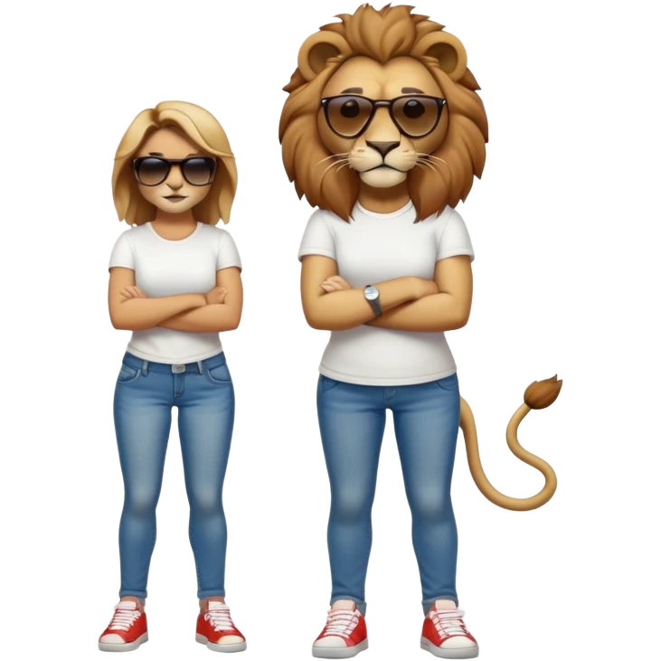 friendly anthropomorphised female lion, full body, standing confidently with legs shoulder width apart, arms folded, wearing jeans, white t-shirt, dark sunglasses, trainers, determined expression emoji