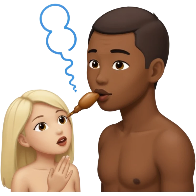 Nude light-skinned female giving fellatio to darker-skinned asian male emoji
