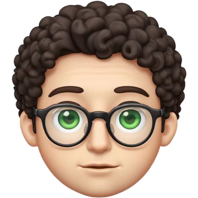 young male emoji with wide face, fuller lips, very poofy voluminous dark slightly curly hair, big ears, pale skin, glasses, green eyes set wider apart, very light stubble emoji