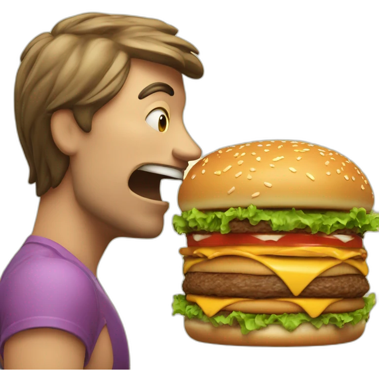face of man taking bit of big burger with big motth emoji