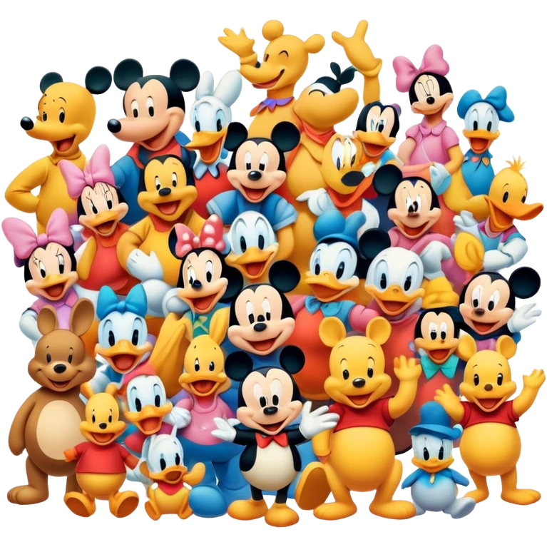 A colorful, playful close-up collage of classic cartoon characters like Goofy, Mickey Mouse, Donald Duck, Winnie-the-Pooh, and others. Bright, vibrant colors with cheerful expressions. Whimsical and nostalgic style. Transparent background. emoji