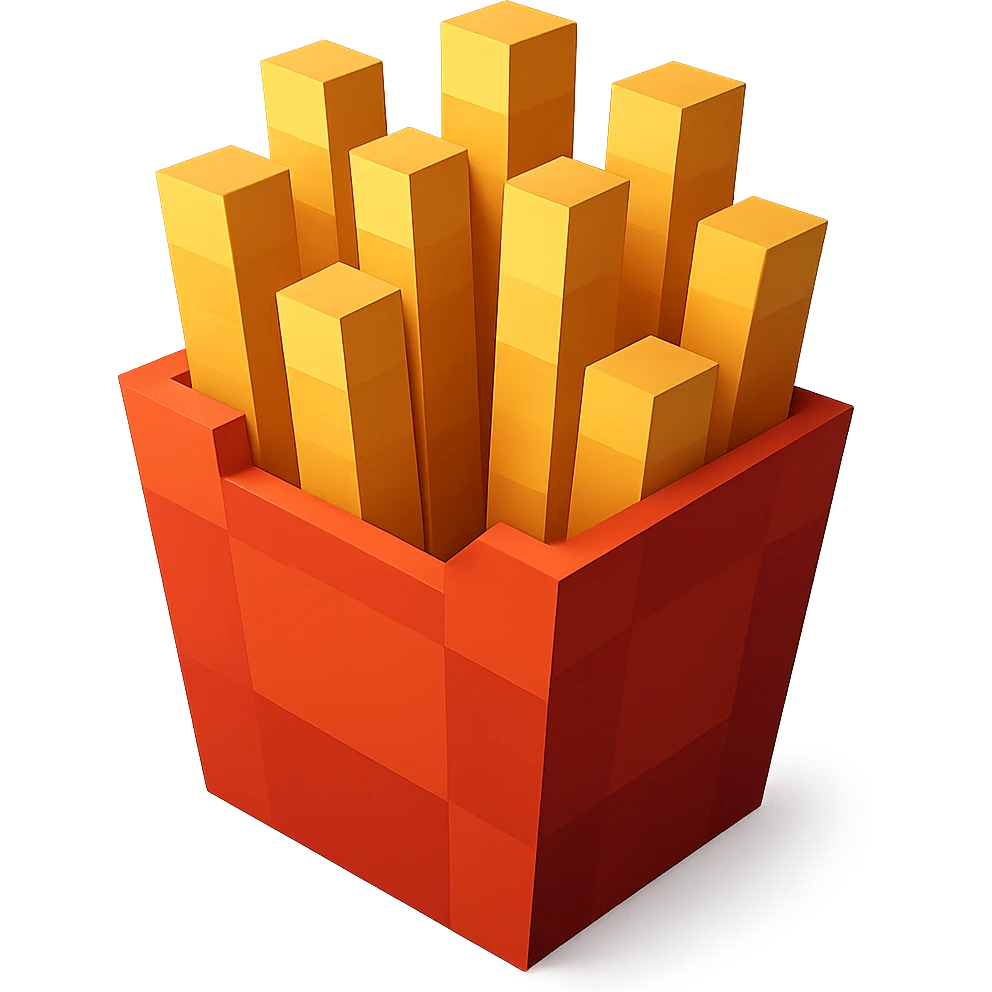 French fries in a container, geometric minimalist 3D block design emoji
