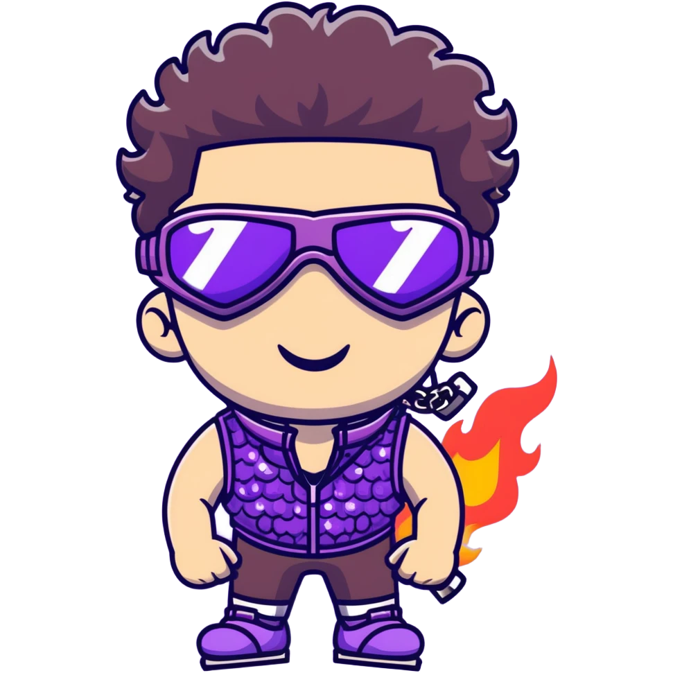 close-up of cool guy male athlete with white skin and moderately curly dark brown hair on top with shaved sides, with one purple ski goggle lens pushed up above his eyes on his forehead, sticking his tongue out of his mouth, a simple plain black chain necklace, and a completely unzipped sleeveless vest with purple and black sequin fire pattern design with no logo emoji