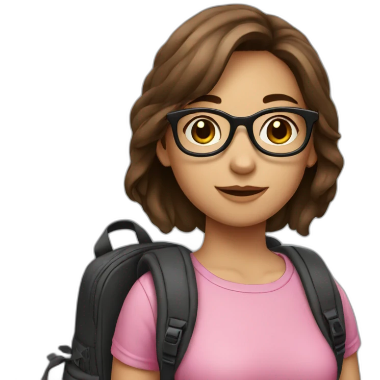 a girl with brown hair, wearing black-rimmed glasses, with a backpack, in a pink top emoji