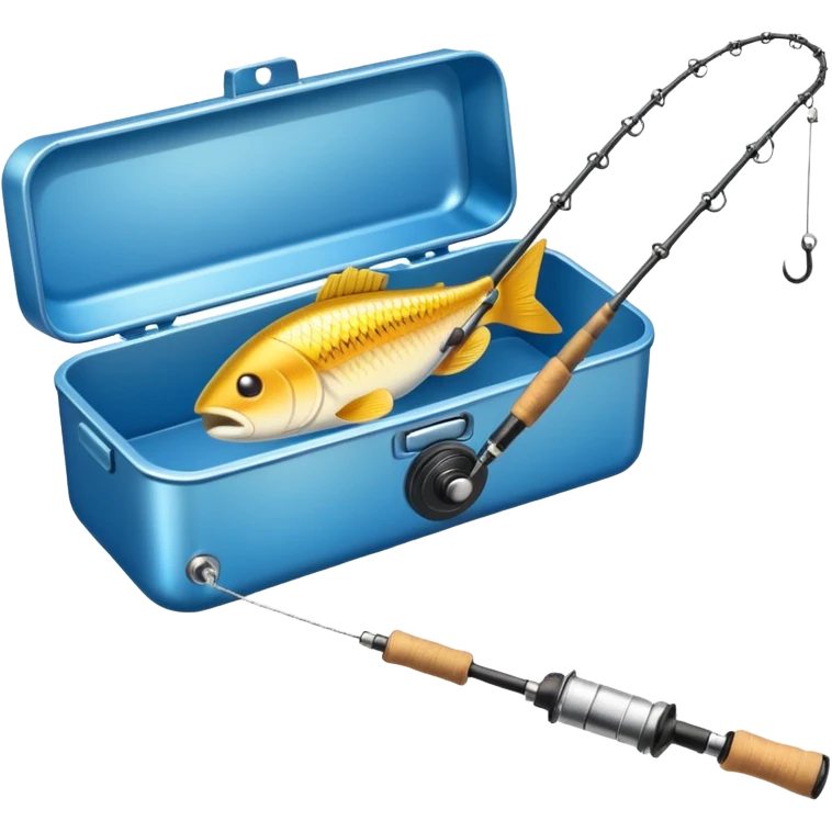 A fishing rod with reel and line neatly coiled beside a bait box. emoji