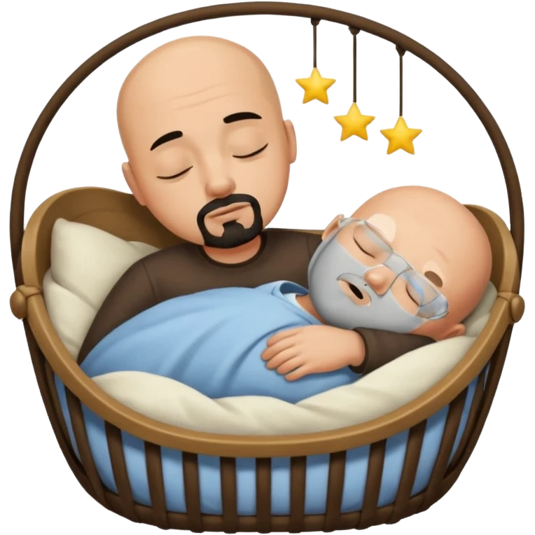 a man who is tan and bald with a black goatee sleeping in a cradle emoji