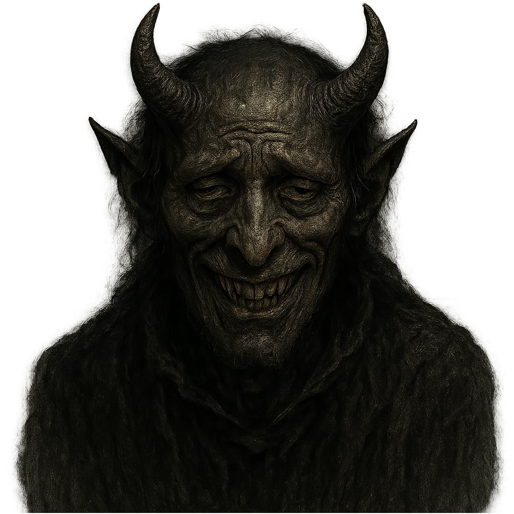 sinister demonic figure with sneering vicious face, sad depressed eyes, pessimistic perpetrator-like presence emoji